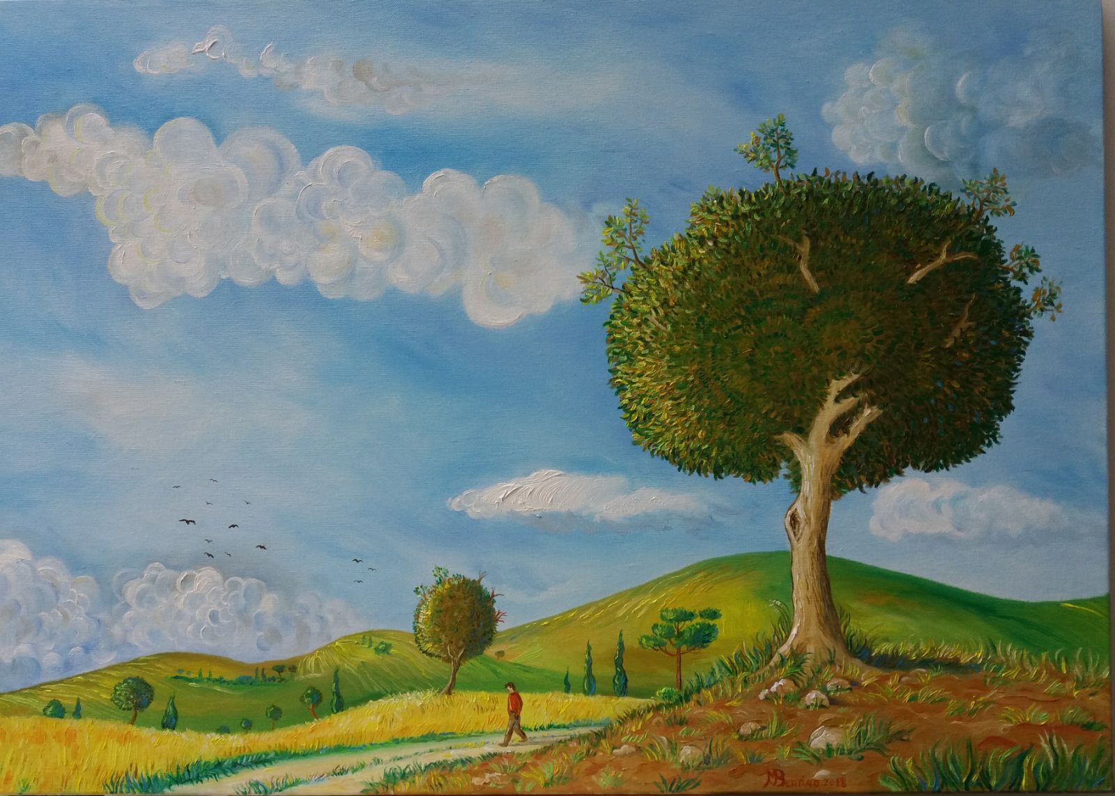 Dipinto a olio di Maurizio Bertino: un grande albero su una collina e un viandante lungo il sentiero